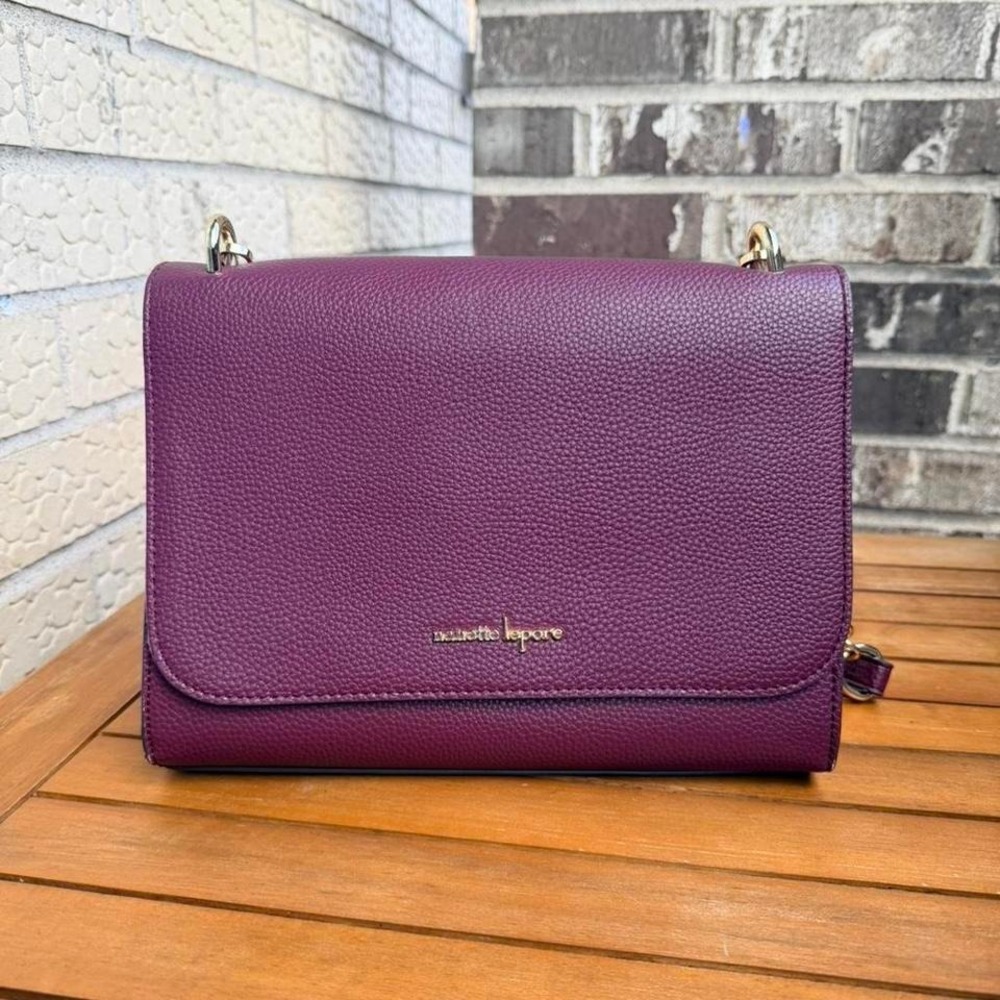 Nanette Lepore Plum Leather Crossbody Bag Gold Chain Strap Flap Purse